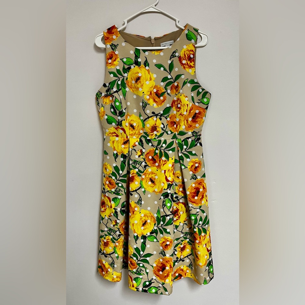 New York & Company Beige Dress with Yellow and Green Floral Print